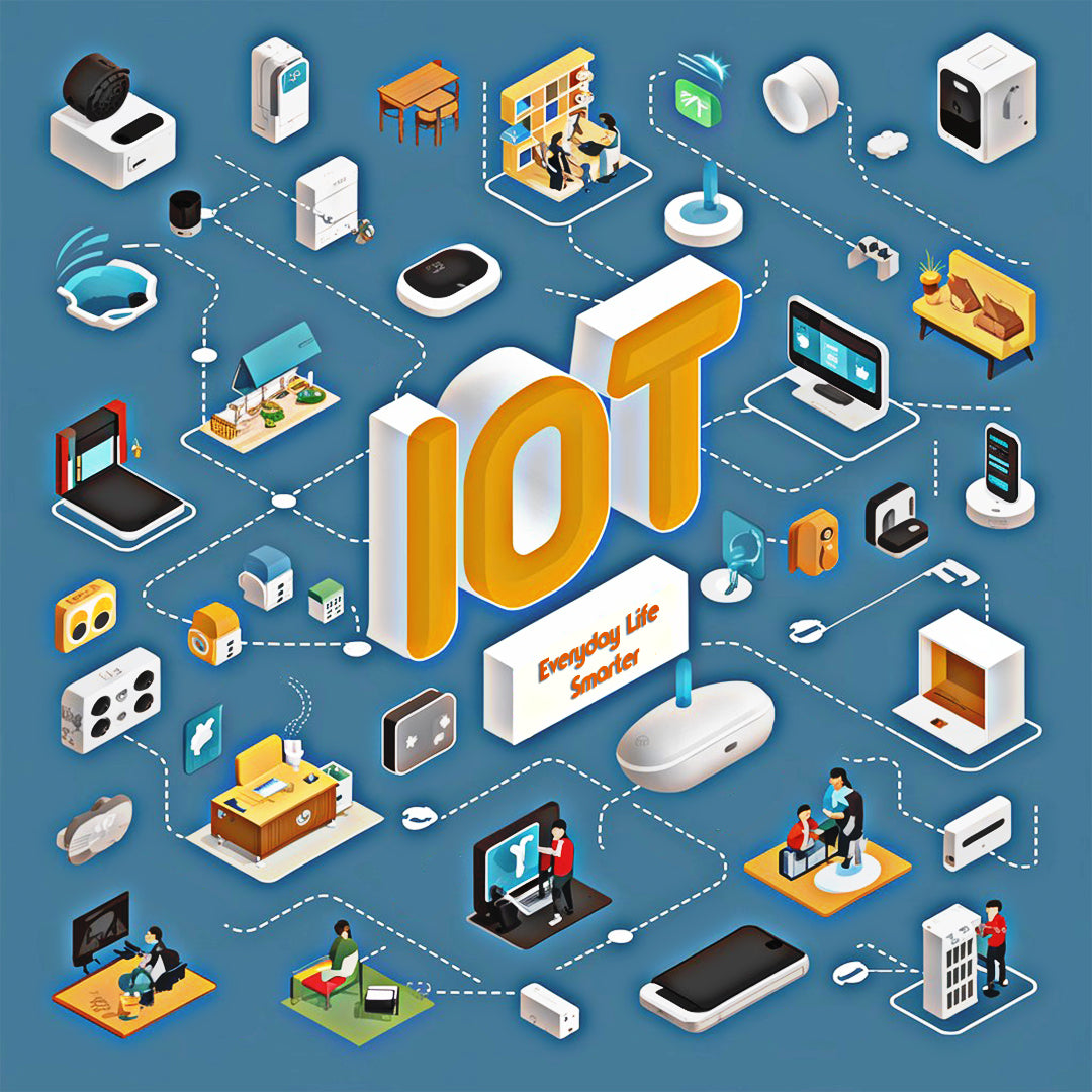 An illustrative image showcasing interconnected smart devices like thermostats, lights, and speakers, controlled through a central hub or smartphone, symbolizing IoT's role in enhancing convenience and efficiency in modern homes.