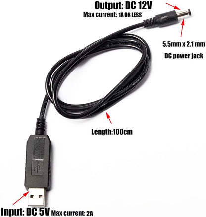 5V 2A to 12V 1A DC-DC USB Booster Cable Step Up Adapter Cable 2.1 - 5.5mm Plug