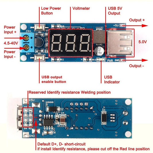 DC-DC 4.5-40V To 5V 2A USB Charger Step down Converter Voltmeter Module