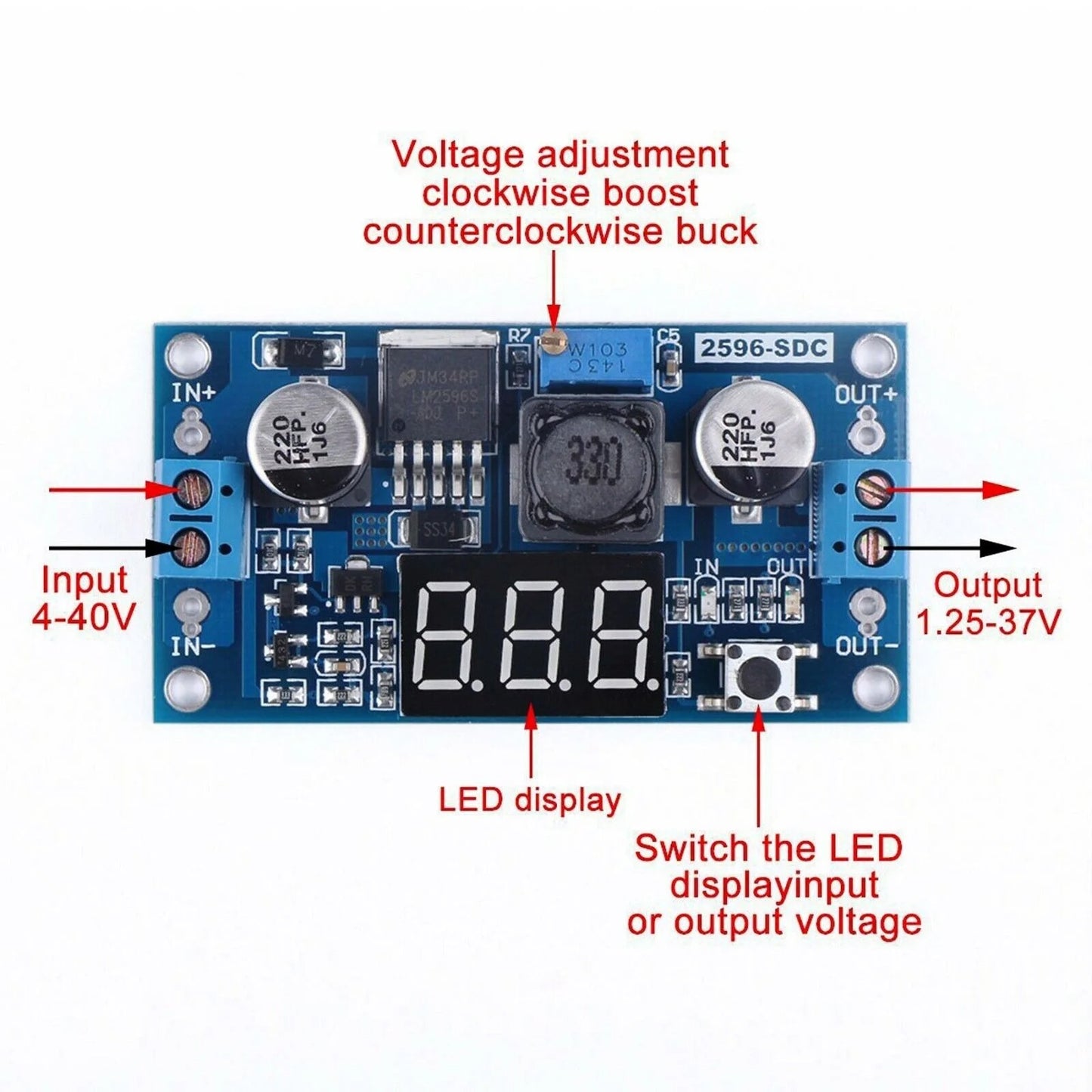 LM2596 2A DC-DC Buck Step-down Converter Module DC 4.0~40 to 1.3-37V with LED Voltmeter