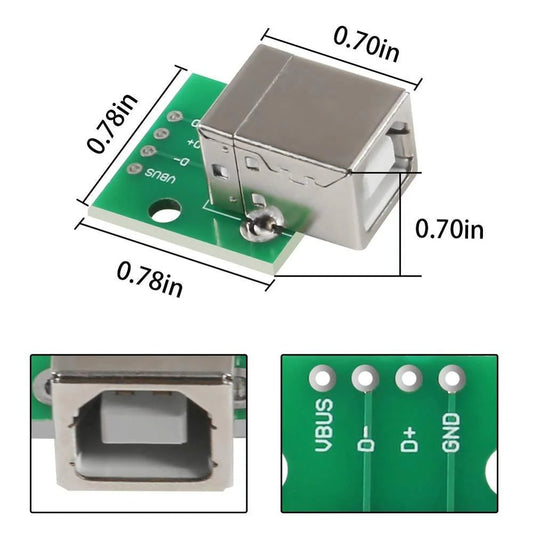 USB Type-B Female Head to DIP 4 pin Breakout PCB Module