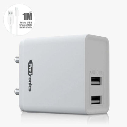 Portronics Adapto 648 POR-648, 2.4A Quick Charging Dual USB Port with 1M Micro-USB Charging Cable (White)