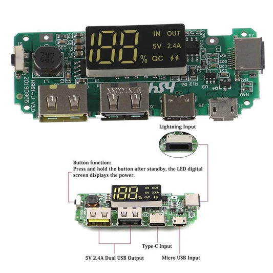 5V 2.4A Dual USB + Type-C + Micro + Lightning/Apple USB Power Bank With LED Display 18650 Charger Board