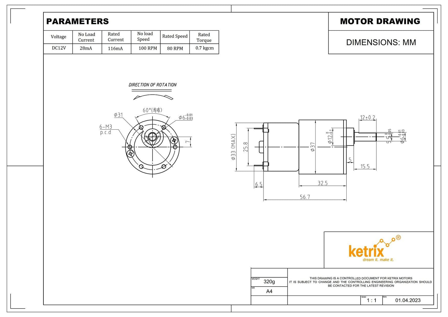 High Torque Offside Geared Motor - 12V, 100 RPM