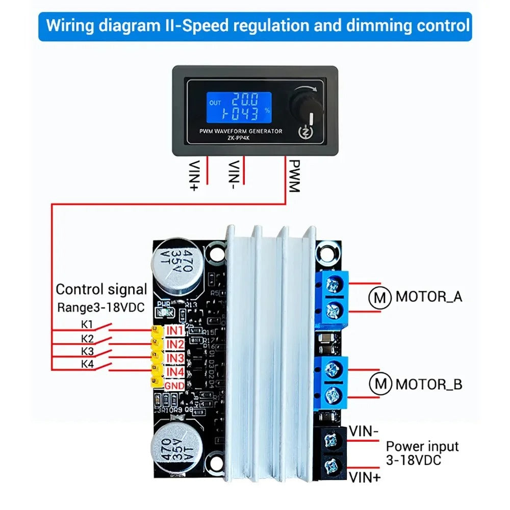 DC 3V-18V Dual Channel Motor Drive Module - 10A, Forward/Reverse PWM Speed Regulator Dimmer