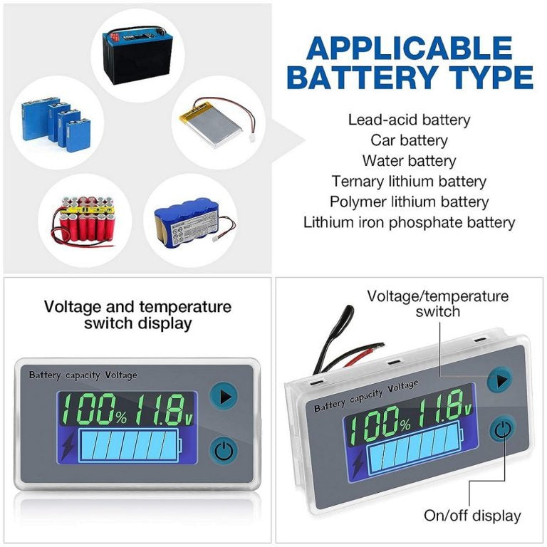 Universal LCD Car Battery Level Capacity Indicator (10-100V) with Temperature Monitor and Buzzer Alarm