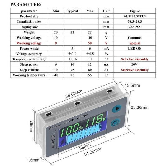 Universal LCD Car Battery Level Capacity Indicator (10-100V) with Temperature Monitor and Buzzer Alarm