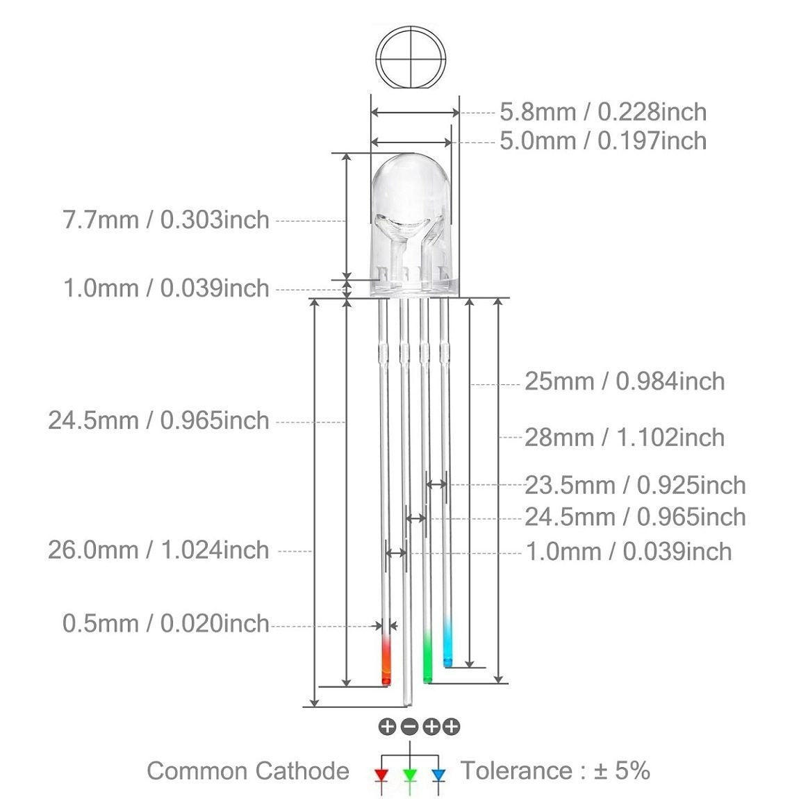 5mm Round RGB LED - Through Hole Water Clear (Common Cathode), 4-Pin