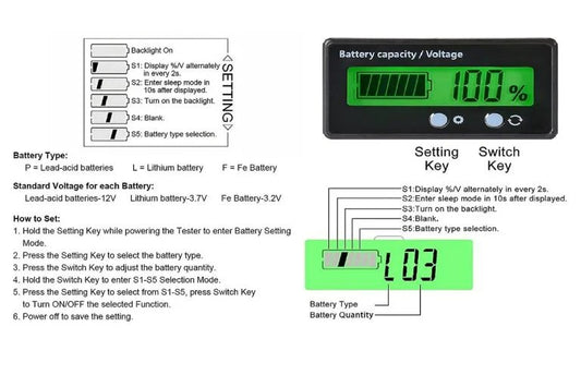 LCD Battery Capacity Indicator Voltmeter Monitor Display (Lead Acid & Lithium, 8-70V)