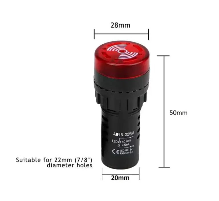 AD16-22SM 22mm Red LED Signal Indicator with Built-in Buzzer - AC/DC24V